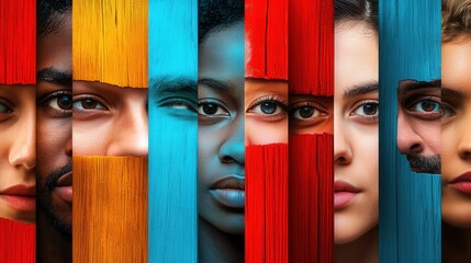Aufkleber - Brightly colored barriers separate diverse faces, highlighting themes of division, bias, and the rich tapestry of human differences. Generative AI
