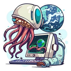 Wall Mural - cartoon illustration of a computer with a giant octopus in a space suit