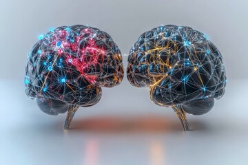 Poster - Digital Brainstorm Two Glowing Brain Models Connected by Neural Networks Representing the Intersection of Artificial Intelligence and Human Thought