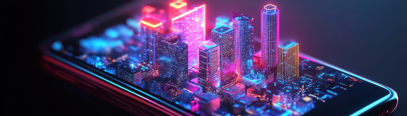 Aufkleber - Futuristic cityscape digitally displayed on a smartphone screen, highlighting vibrant neon lights and advanced urban architecture, evoking technology integration.