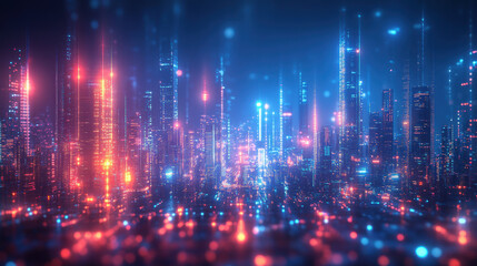 Poster - Futuristic cityscape illuminated by vibrant neon lights, showcasing high-rise buildings and a glowing digital atmosphere.