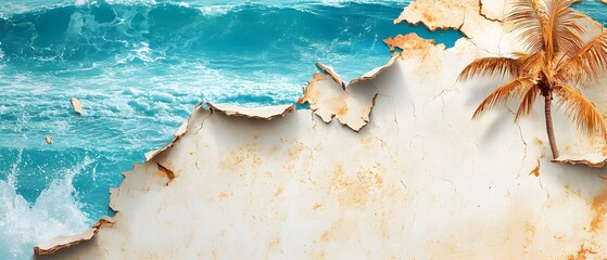 Poster - Palm Tree Breaking Through Wall with Ocean View.