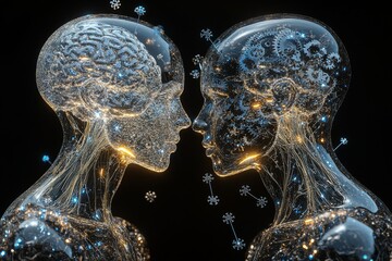 Canvas Print - Ethereal Intellect Digital Rendering of Two Translucent Human Figures with Glowing Neural Networks Representing the Mystical Connection of Thoughts in a Futuristic World