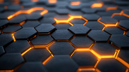 Poster - Abstract futuristic background with glowing orange hexagons in a dark grid pattern, depicting a hi-tech, modern and digital concept.