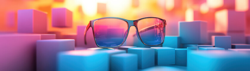 Poster - Stylish sunglasses sitting on geometric  cubes with a vibrant, colorful background, blending modern design and vivid aesthetics.