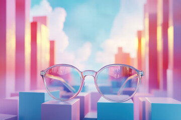 Poster - Colorful cityscape with minimalist  blocks and eyeglasses in the foreground, reflecting vibrant pink, blue, and yellow hues under a dreamy sky.