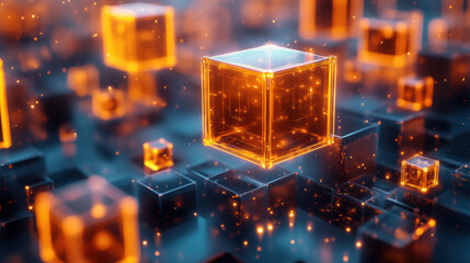 Poster - Glowing orange cubes in a futuristic digital space, representing technology, innovation, and quantum computing. High-tech concept visualization.