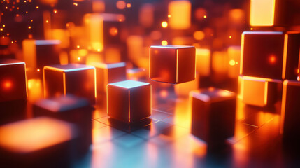 Poster - Glowing  cubes in a futuristic digital landscape with vibrant orange and blue lights, showcasing modern technology and innovation in a dynamic visual.