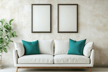 White sofa with teal pillows against beige stucco wall with two frames. Minimalist interior design of modern living room. 