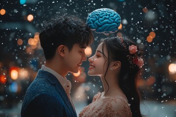 Poster - Romantic Brainstorm A Couple Under Falling Snow with Glowing Brain Illustrations Representing the Fusion of Thought and Love in a Winter Setting