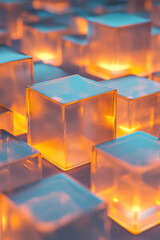 Poster - Close-up of glowing transparent cubes with warm orange lights, creating a modern and futuristic ambiance. Perfect for abstract and technology-themed projects.