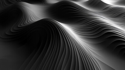 Poster - Abstract black and white wavy pattern resembling sand dunes, showcasing smooth, curvy lines and shadows for a minimalist and contemporary look.