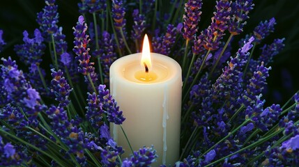 Wall Mural - Burning Candle Surrounded by Lavender Flowers