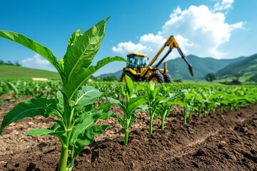 Poster - Biomass project development is captured in a realistic photo of a bioenergy farm under construction, with energy crops in the background