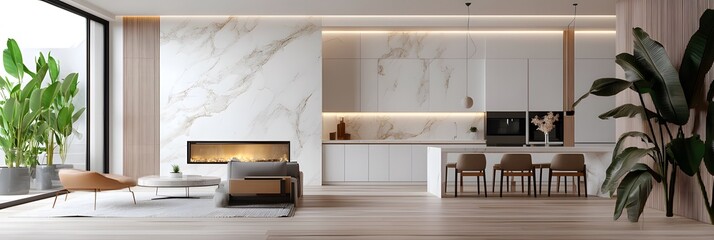 Wall Mural - Modern living room and dining area with white marble wall cladding ai generative