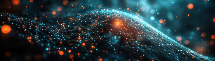 Poster - Abstract digital data network flowing through dark space with bright orange and blue nodes and connections, representing technology and communication.