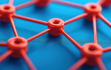 Aufkleber - Abstract close-up of interconnected red nodes on a blue surface, representing network, technology, and connectivity concepts.