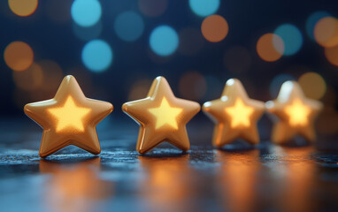 Poster - Four golden star-shaped objects with glowing centers, beautifully arranged on a dark, reflective surface with a vibrant bokeh background.