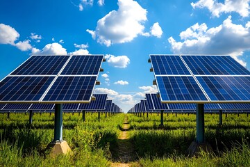 Aufkleber - Clean energy and renewable power are captured in a realistic photo of a solar farm with rows of solar panels under a bright blue sky