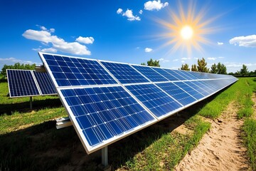 Aufkleber - Clean energy and renewable power are captured in a realistic photo of a solar farm with rows of solar panels under a bright blue sky