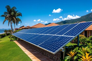Poster - Clean energy cost-effectiveness is showcased in a realistic photo of a solar panel installation in a residential area, highlighting the economic benefits