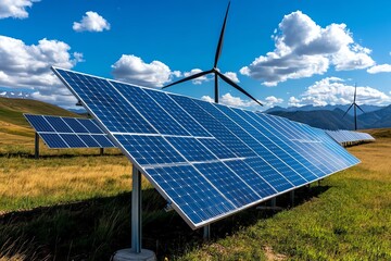 Poster - Clean energy cost-effectiveness is showcased in a realistic photo of a solar-powered community, emphasizing the economic benefits of renewable energy