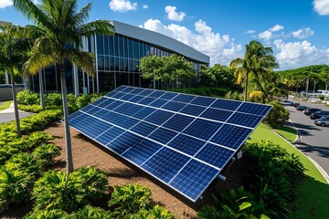 Poster - Clean energy cost-effectiveness is showcased in a realistic photo of a solar panel installation in a residential area, highlighting the economic benefits