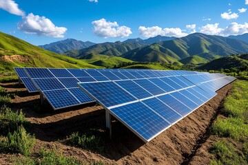Fototapete - Clean energy engineering is showcased in a realistic photo of a solar farm with rows of solar panels set against a backdrop of rolling hills