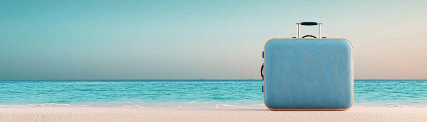 Wall Mural - Blue suitcase on pristine beach with turquoise sea under clear sky, symbolizing travel, vacation, and tropical getaways.