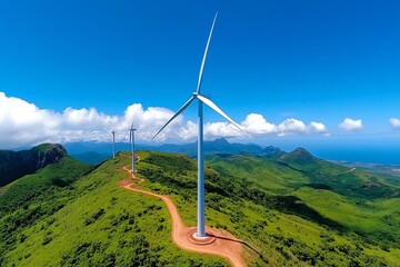 Aufkleber - Clean energy growth and investment are featured in a realistic photo of a newly developed wind farm, with turbines stretching across a vast landscape