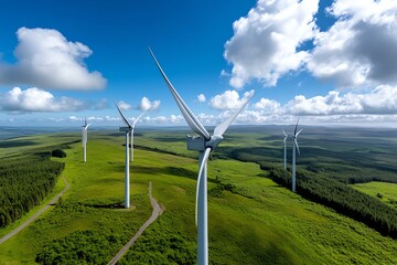 Aufkleber - Clean energy growth and investment are featured in a realistic photo of a newly developed wind farm, with turbines stretching across a vast landscape