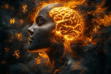 Sticker - Igniting Passion A Woman with Fiery Brain Patterns Representing the Intense Energy and Emotional Drive Behind Creative Thought