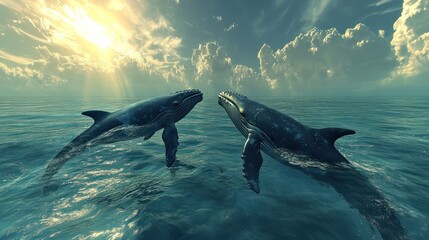  two whales swimming, surfacing, ocean horizon, big waves, vibrant, serene atmosphere, playful interaction, calm sky