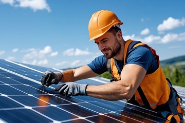 Poster - Clean energy implementation is captured in a realistic photo of a solar panel installation team at work, showcasing the process of expanding renewable energy