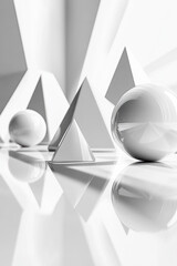 Poster - Abstract geometric shapes including spheres and pyramids with a glossy finish, reflecting light in a minimalistic white environment.