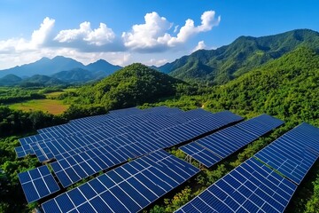 Poster - Clean energy plant operation is captured in a realistic photo showcasing the day-to-day functioning of a solar farm