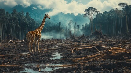 Poster - A lone giraffe stands amidst a devastated forest, highlighting the critical impact of deforestation on wildlife and biodiversity. Generative AI