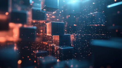 Poster - a futuristic digital landscape with glowing grids and interconnected cubes representing blockchain t