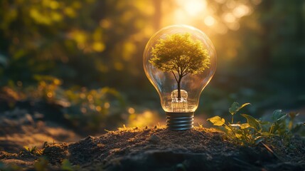 Tree growing inside a light bulb symbolizing energy conservation and environmental sustainability