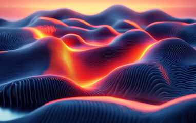 Poster - Abstract digital landscape with vibrant red and blue waves, showcasing a futuristic and wavy terrain illuminated by glowing light.