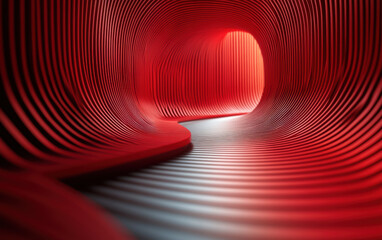 Poster - Abstract view inside a futuristic, red tunnel with smooth, curved lines and glowing light. Modern, dynamic, and artistic visual with a vibrant aesthetic.