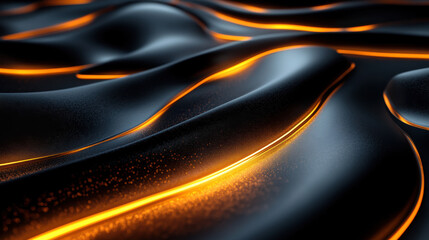 Poster - Abstract black and orange wavy background with a futuristic feel, featuring glowing lines and smooth textures, perfect for modern design projects.