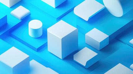Poster - Abstract blue and white geometric shapes creating a minimalistic three-dimensional background with cubes, cylinders, and layers.