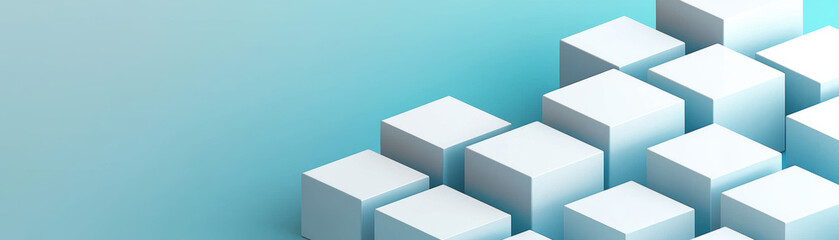 Poster - Modern abstract   of stacked white cubes on a gradient blue background, creating a minimalist geometric pattern and futuristic feel.