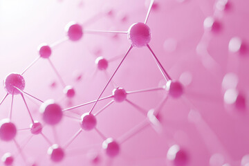 Poster - Abstract pink molecular structure with connecting spheres and lines on a blurry background. High-tech and science concept, closeup view.
