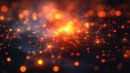 Aufkleber - Abstract glowing orange and red network connections with particle effects on a dark background, illustrating futuristic technology and digital data.