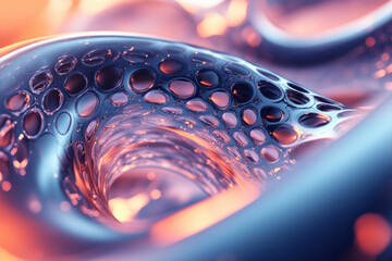 Poster - Abstract close-up of intricate structure with hole pattern, illuminated by vibrant pink and orange lights, emphasizing fluidity and complexity.