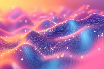 Poster - Vibrant abstract digital wave landscape with glowing particle light, neon colors, futuristic technology background, dynamic mesh surface.