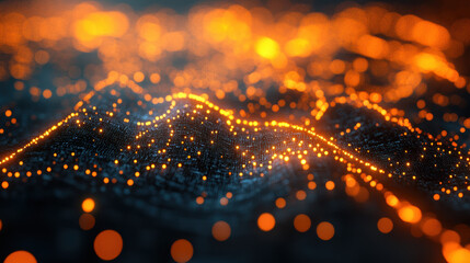 Poster - Abstract futuristic glowing network landscape with orange light points and blue background. Concept of data, technology, and digital communication.