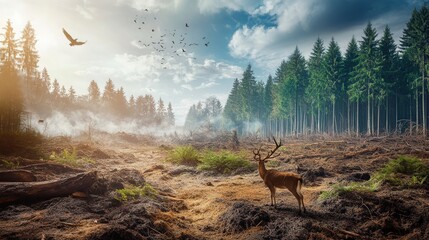 Wall Mural - rare animals appear amidst a deforested landscape, highlighting the ongoing loss of nature and the t
